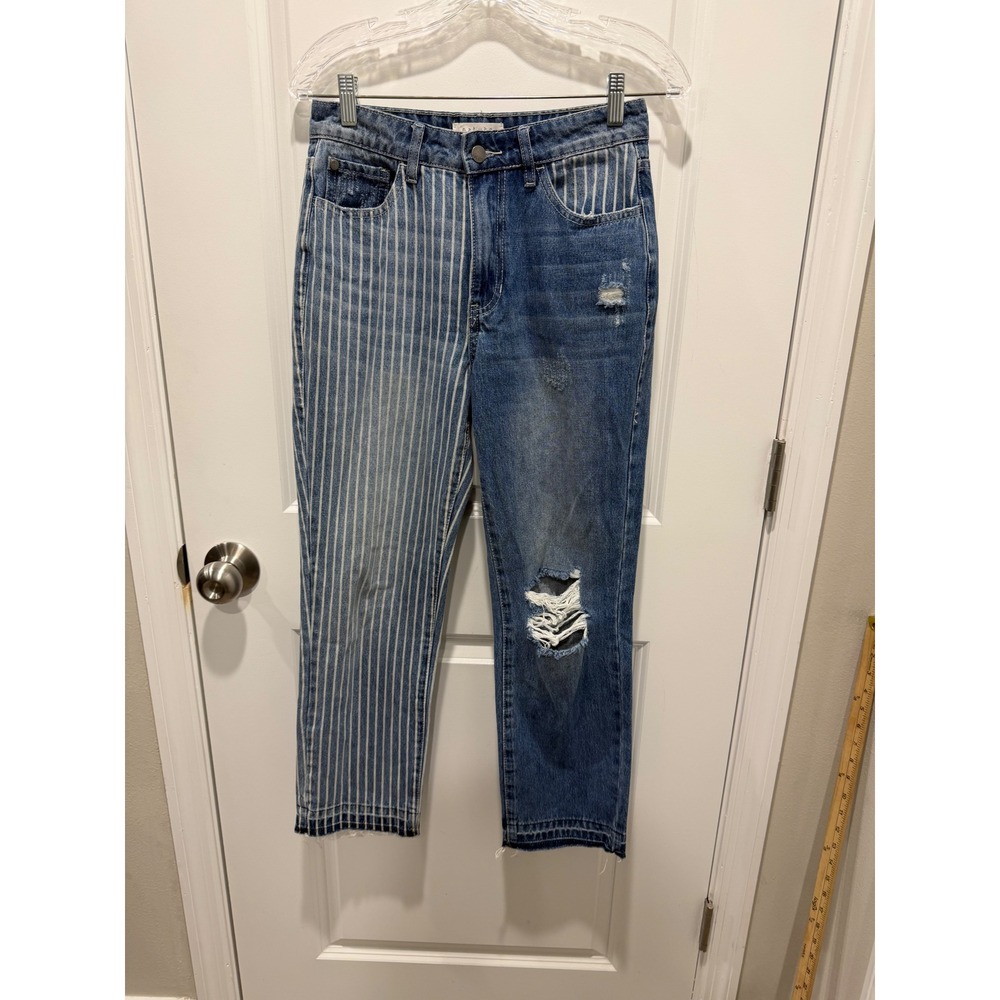 Nature Denim Women Jeans Split Leg Striped‎ Distressed Blue 26